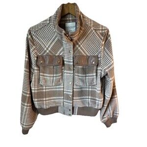 Bagatelle Women's Medium Jacket Plaid Beige White Cropped Fleece Glen Check